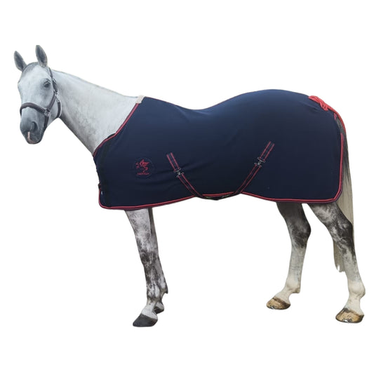 John Elia navy fleece horse rug on white background, side profile view.
