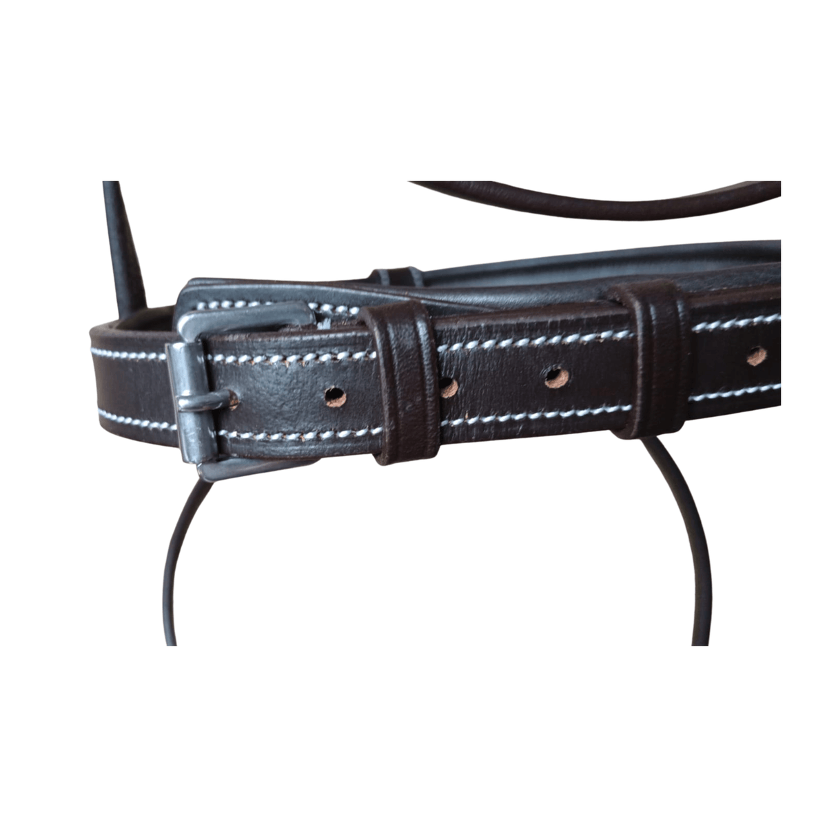 Black leather belt with white stitching on a white background