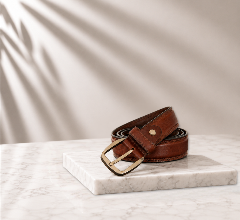 Premium brown full-grain leather belt displayed on a marble platform – men's leather belt clearance sale banner.