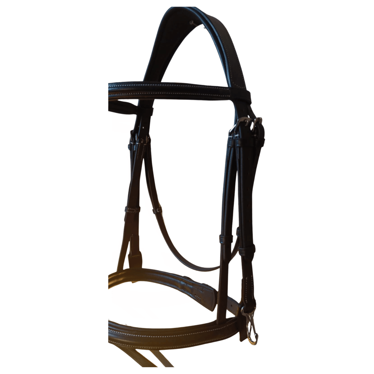 Horse bridle with black and brown straps on a white background