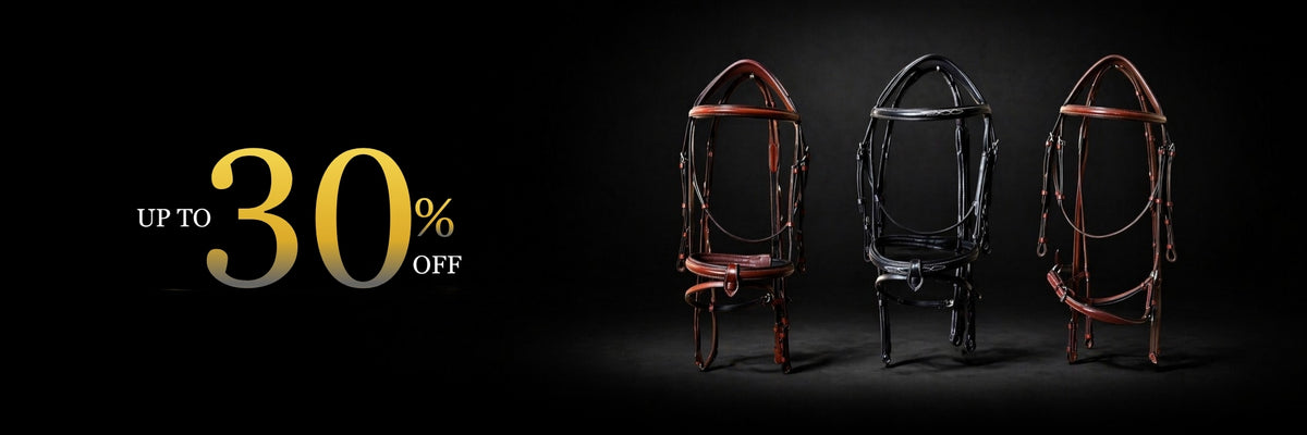 Three horse bridle models displayed on a dark background with promotional text for 30% off.