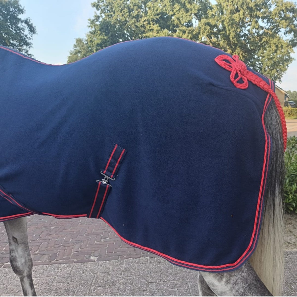 Rear quarter detail of John Elia navy fleece horse rug showing soft fleece fabric, hind coverage and tail cord.