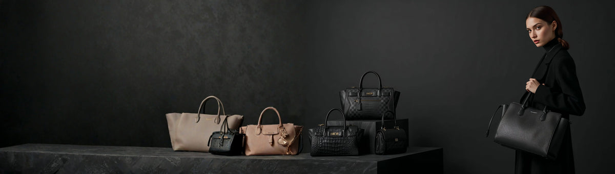 Woman holding a black handbag with various handbags displayed on a table against a dark background